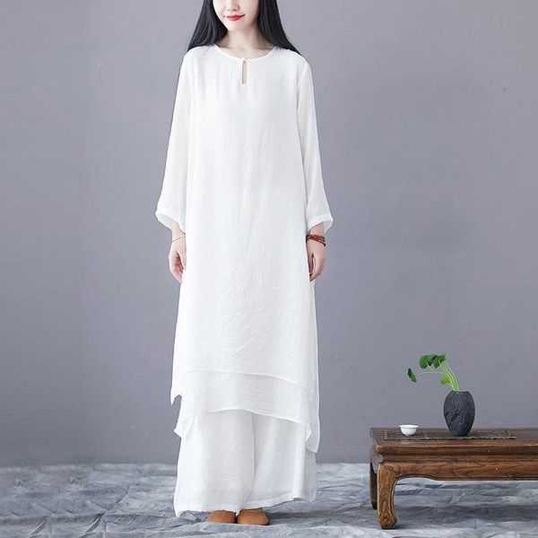 

artistic loose solid color and cotton linen cotton linen long sleeve yoga zen tea suit women's two-piece set 2020 spring new 5hxqo, Gray