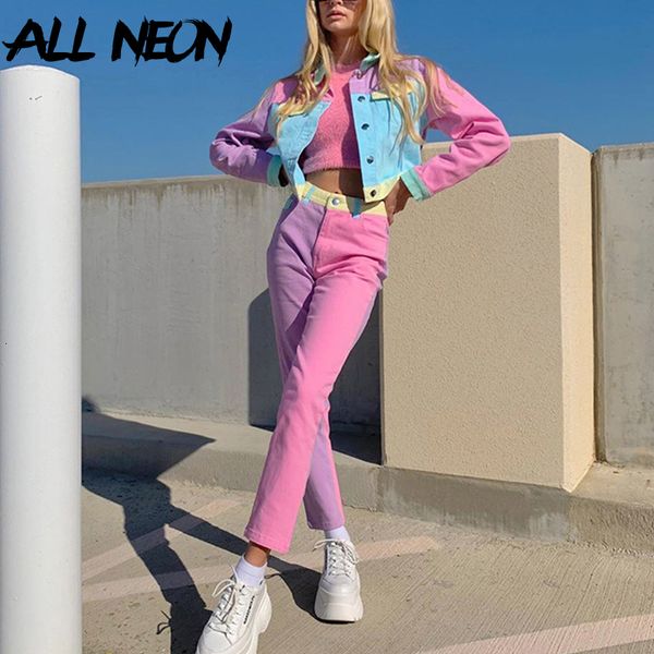 

allneon e-girl sweet patchwork co-ord suits vintage single-breasted long sleeve jackets and high waist pencil pants 2 piece sets, White