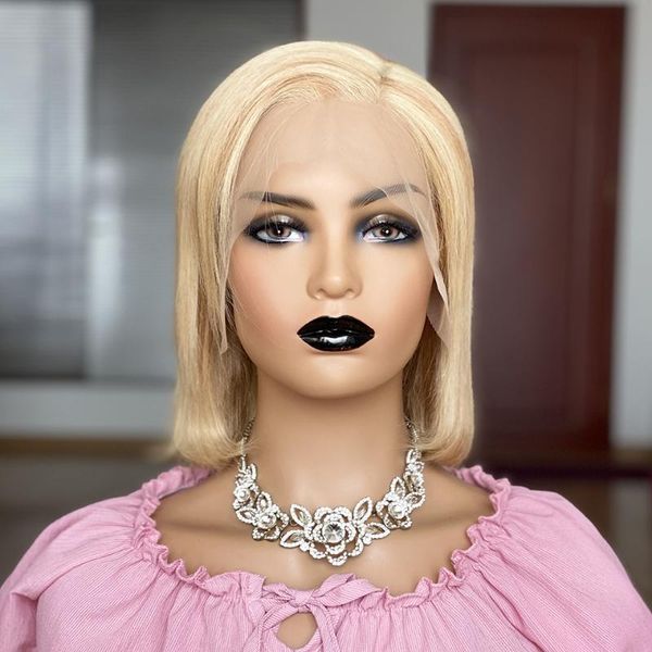 

lace wigs p27/613 blonde short bob front human hair baby brazilian straight side part 13x4 remy 150%, Black;brown
