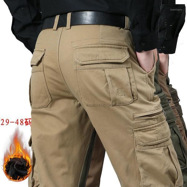 

winter warm fleece cargo pants men multi-pockets baggy men pants casual trousers army joggers plus size 46 48 8xl1, Black