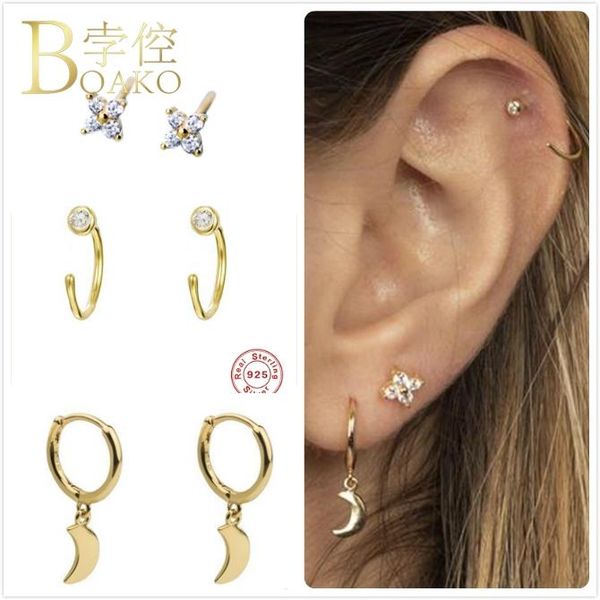 

stud 925 sterling silver earrings for women gold moon girl gift star ear bone female cartilage zircon aretes z5, Golden;silver