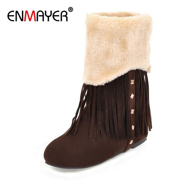 

boots enmayer slip-on metal fringe flock platform pu round toe mid-calf snow boot solid short plush fur women flanged, Black