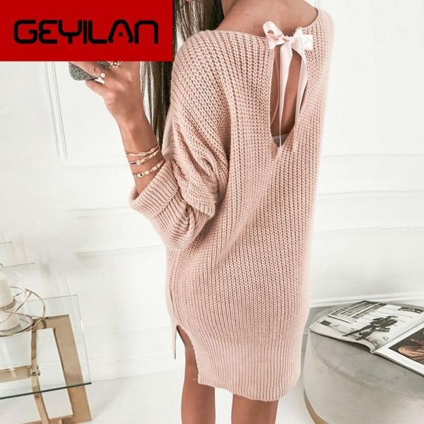 

pink knitted oversize women sweater dress winter 2020 slit short knitted dresses backless female dress vestidos1, Black;gray