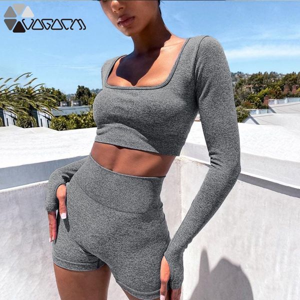 

seamless 2 piece set women long sleeve crop solid color high waist tight shorts sports running workout yoga fitness gym suit, White;red