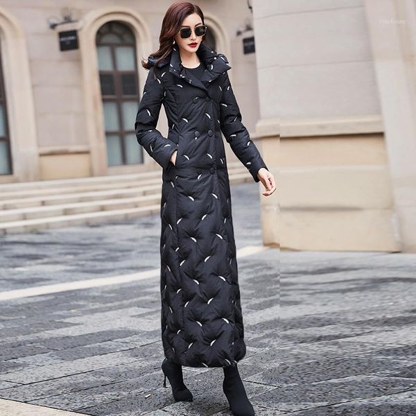 

black embroidery down jacket female long winter 2019 waist to keep warm fashion 1037 white duck down cultivate morality1