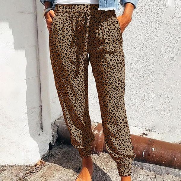 

2021 women casual leopard print pants wide leg comfy stretch drawstring loose lounge pant breathable streetwear high waist, Black;white