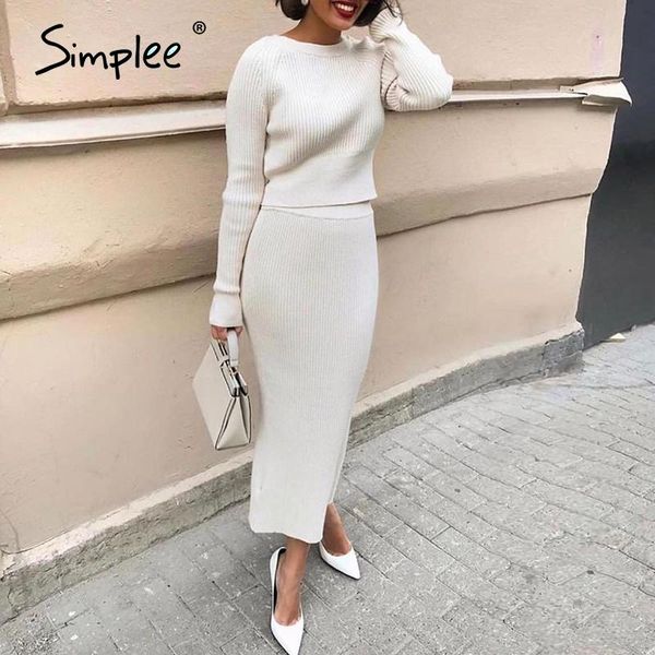 

simplee elegant stripe two piece dress white round neck knit dress high waist street style autumn winter two piece set, Black;gray