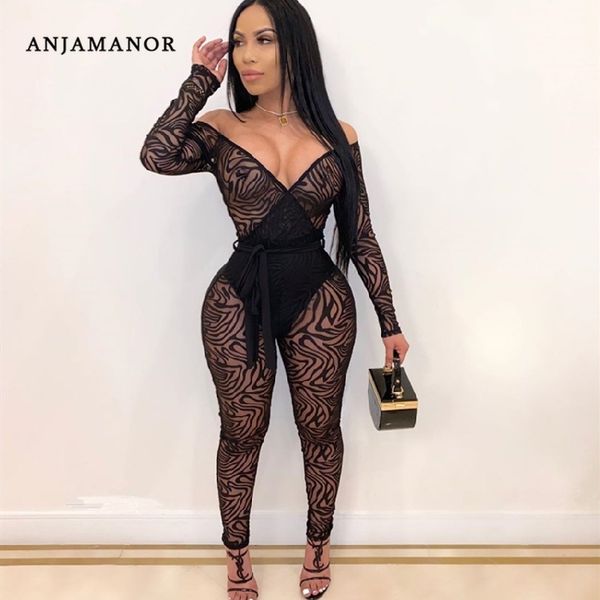 

anjamanor zebra mesh sheer black jumpsuit women clubwear transparent off shoulder long sleeve bodycon romper d30-ae76 t200509, Black;white