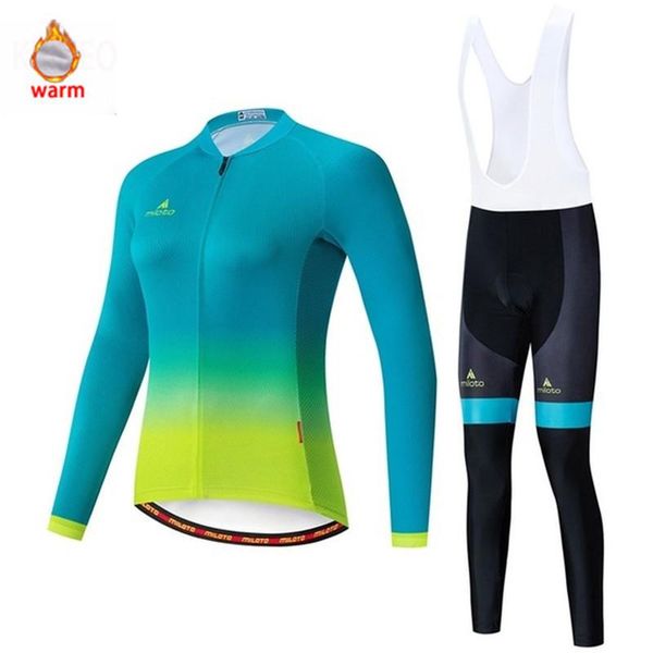 

women 2020 winter thermal fleece cycling jersey bib pants set road bike clothing dress kit bicycle clothes suit bodysuit outfit, Black;blue
