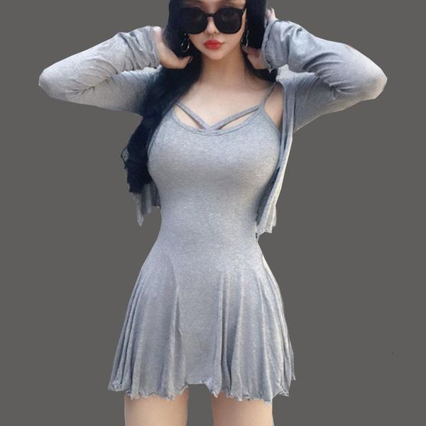 

new summer two-piece dress sets cardigan female 2020 fall women casual party mini dresses lady bodycon shirt dress spring, Black;gray