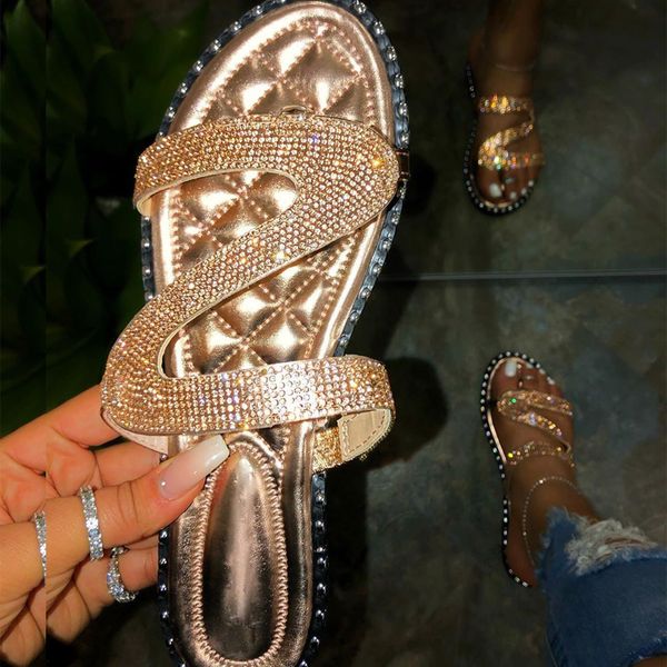 

rhinestone beach slippers women rivet sandals outdoor wild soft surface flat bottom non-slip flip flop summer 2020 home slippers x1020, Black