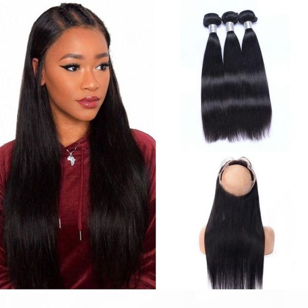 

360 frontal with bundles straight 100% peruvian human hair weft weave 360 lace frontal with 3 bundles, Black;brown
