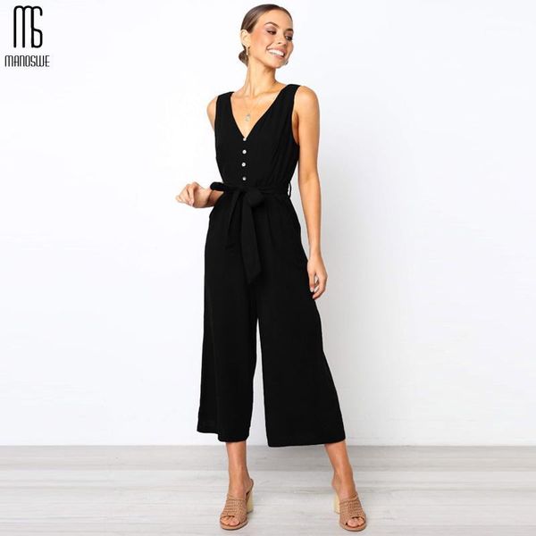 

manoswe women casual button v neck black jumpsuit romper summer backless overalls for girls loose long playsuit1, Black;white