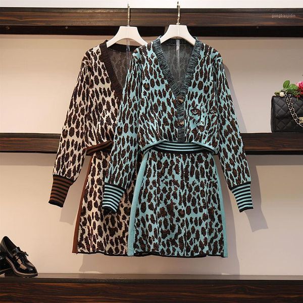 

luosha autumn winter women two piece sweat set leopard knitted cardigans and mini skirt suits 2 piece elegant outfit1, Gray