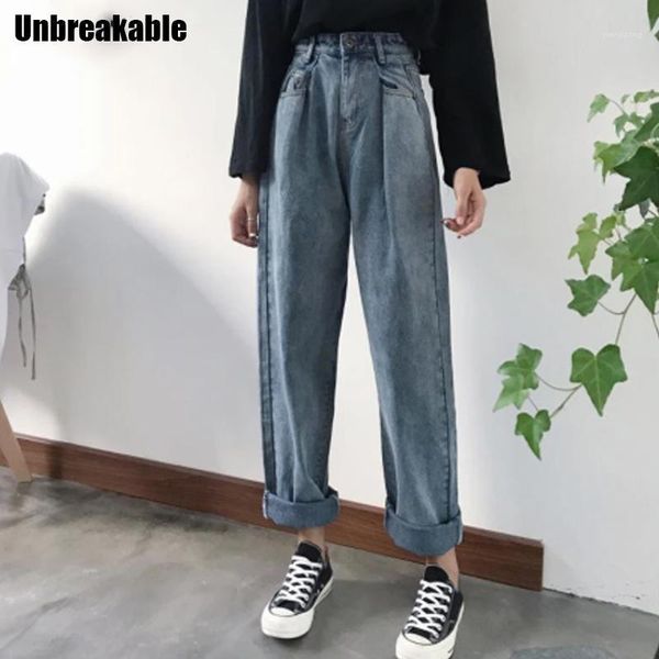 

loose vintage woman jeans 2020 autumn bleached casual boyfriend curl denim wide leg pants oversize high waist jean1, Blue