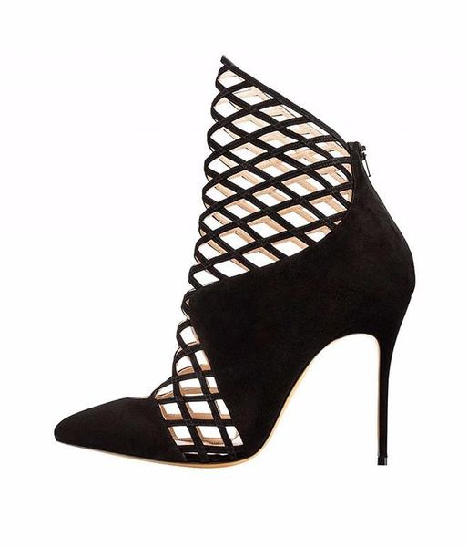 

lucky2020 black hollow women's pointed thin high ankle large size short boots straight