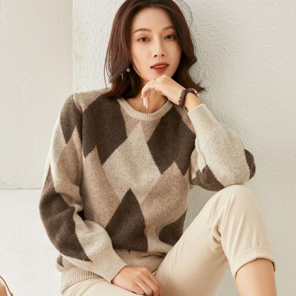 

knitted sweater winter women wool pullover long sleeves warm short casual loose o-neck argyle stylish jumper sweaters, White;black
