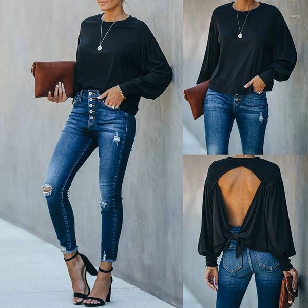 

round neck fall clothing backless bow bandage lantern sleeve women blouse fall 2020 women and shirt1, White