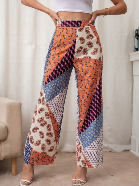 

high waist patchwork print wide leg pants f4uv#, Black;white