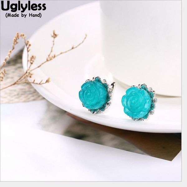 

uglyless natural blue amazonite stud earrings for women handmade real solid 925 silver fine jewelry gemstone floral studs bijoux1, Golden;silver
