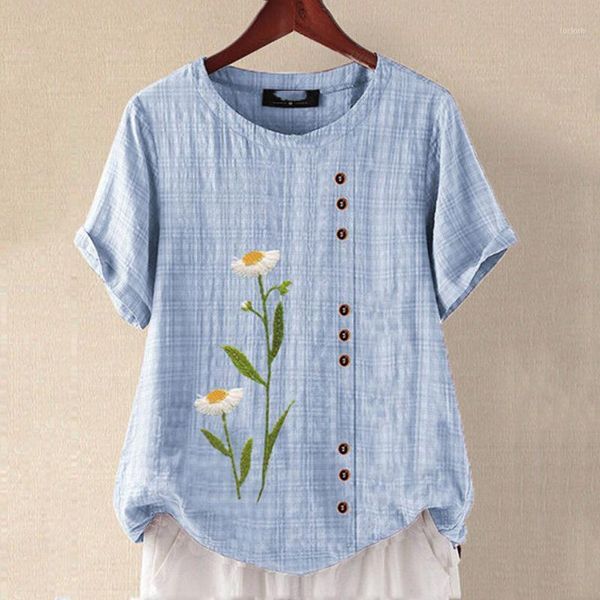 

flower printed shirt women cotton linen short sleeve o-neck button shirt vintage femme blouse blusas mujer de moda1, White