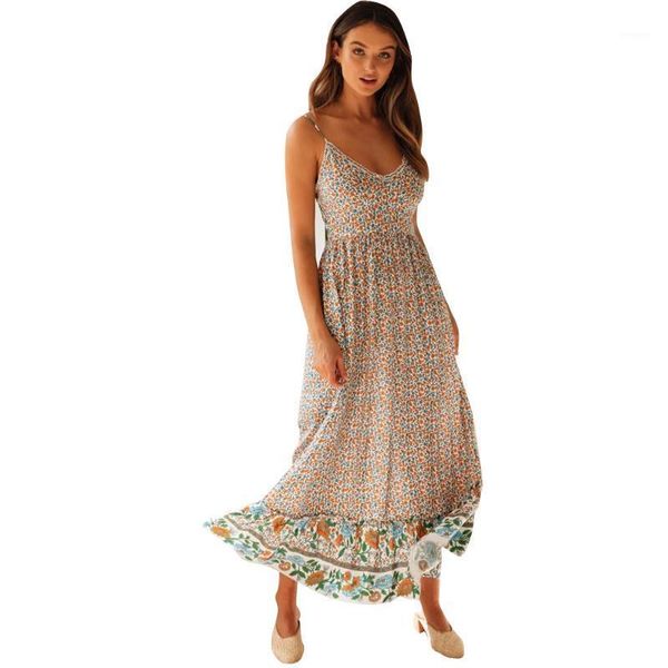 

strap backless vintage floral boho long dress summer women patchwork ruffle chiffon high waist holiday beach maxi dress1, Black;gray