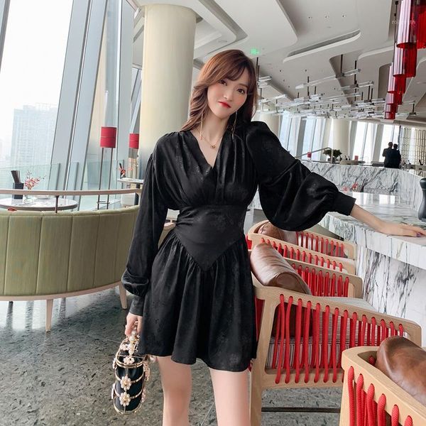 

new arrival fashion v-neck a-line dress women elegant office lady temperamental work style sweet black a-line dress1, Black;gray