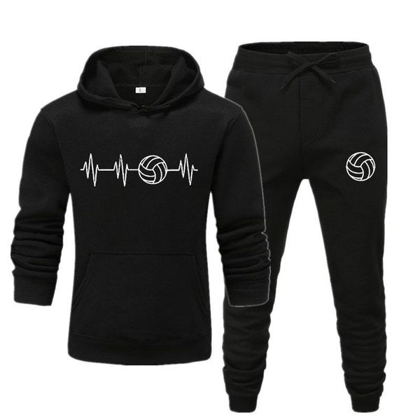 

2020 new hoodies men two pieces set fashion heartbeat of volleyballer sweatshirt men/women tracksuit hoodie autumn hoodies+pants, Black