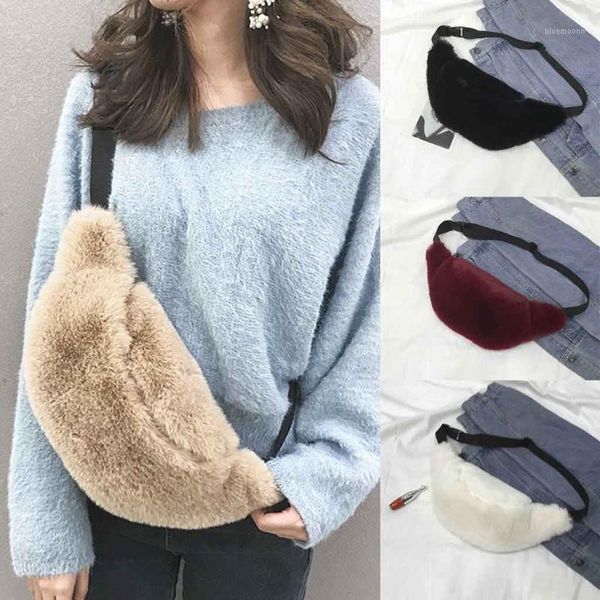

women's plush shoulder messenger bag fashion female winter chest bag simple trend pockets ladies zipper waist pack large1