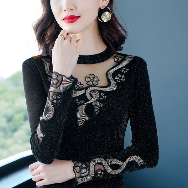 

autumn and winter 2020 half high collar plush bottom blouse for women, Black