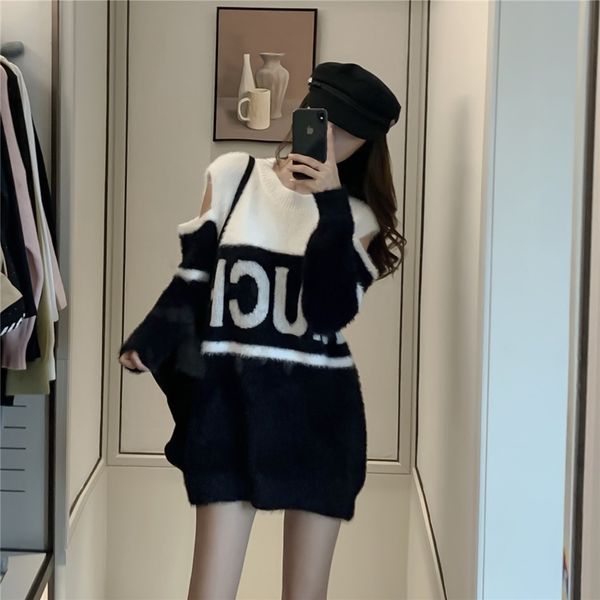 

yamdi women off shoulder sweater chic patchwork korean slim elegant jumper women spring autumn winter pullover female woman new lj201114, White;black