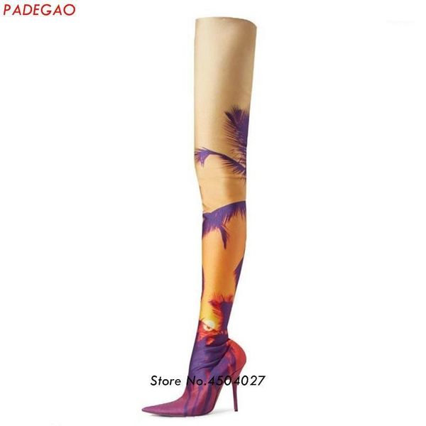 

spring/autumn thigh high boot printed stretch over the knee boot slim high heels long booties shoes1, Black
