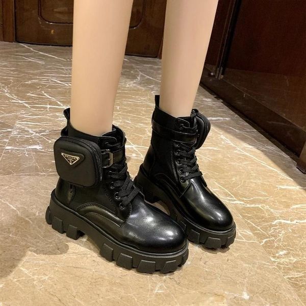 

dermspe autumn winter new women's thick-soled leather martin boots casual women's boots fashion lace-up high, Black