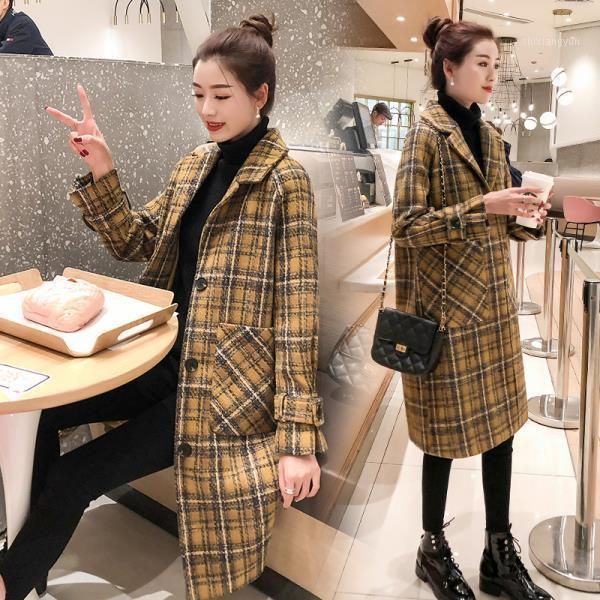 

2020 new woolen coat women's long autumn and winter loose retro plaid coat1, Black