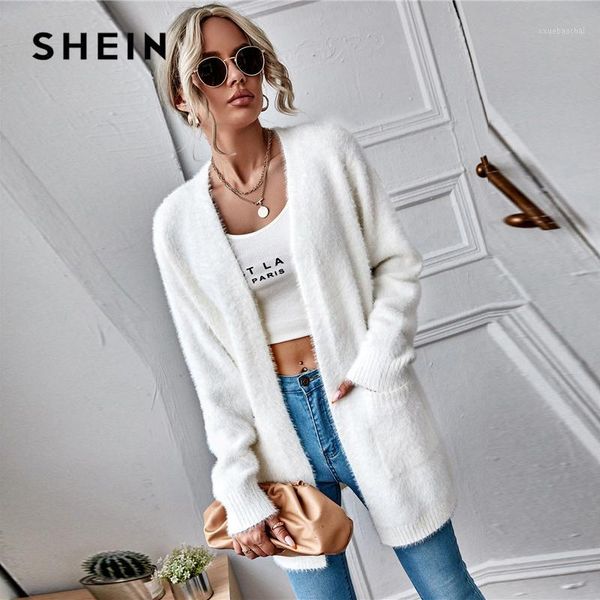 

shein white patch pocket fuzzy cardigan women spring solid drop shoulder straight casual long outerwear cardigans1, Tan;black