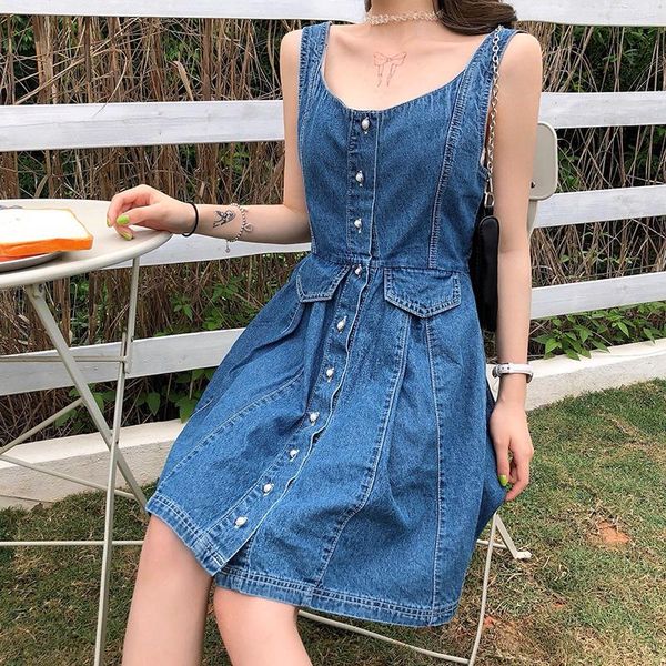 

casual dresses summer a-line denim dress women sleeveless jeans mini sundress streetwear plus size spaghetti strap ladies vestidos, Black;gray