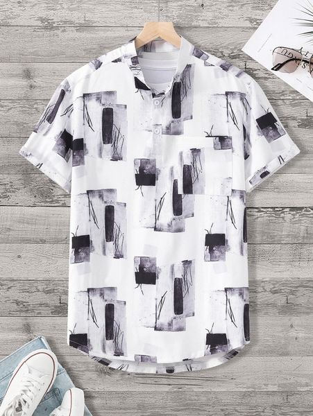 

men random graphic print high low hem shirt k8oc#, White;black