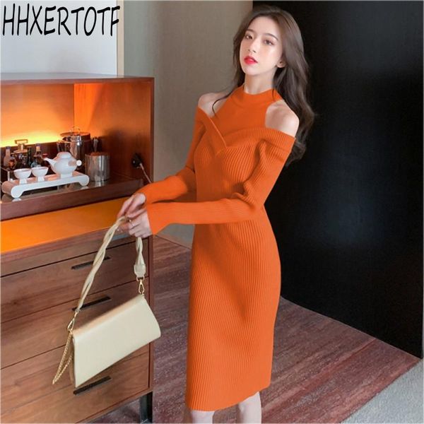 

spring autumn sweater dress fashion women off shoulder elastic knitted sheath long sleeve knee-length dress, Black;gray