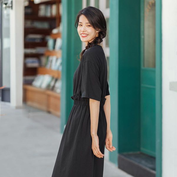 

2021 summer new arrival literary pure cotton round collar pure color asymmetrical shir nipped waist dress, Black;gray