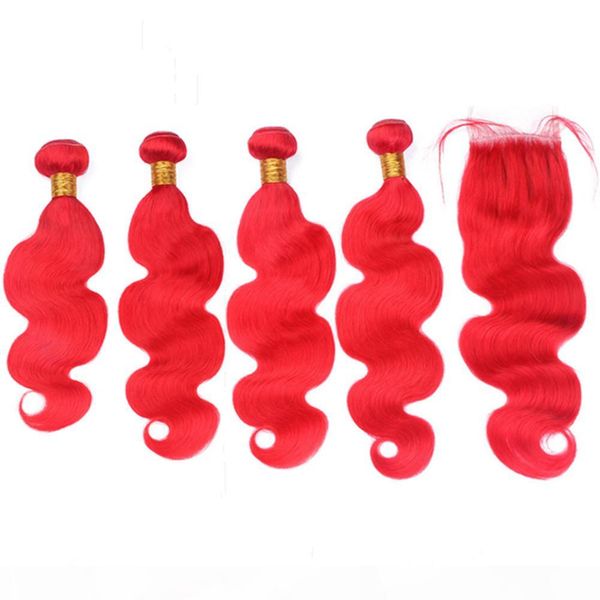 

indian virgin human hair body wave bright red weave wefts with closure 4bundles pure red wavy hair weaves with front lace closure 4x4, Black;brown