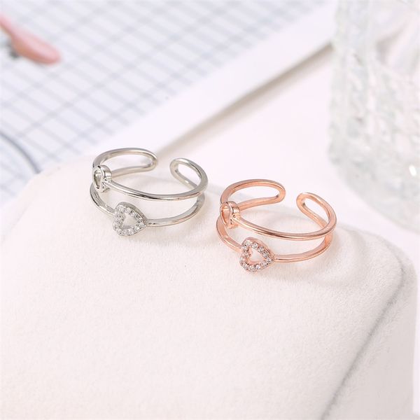 

european hollow heart opening ring double layer copper crystal finger ornaments for women love gift rose gold rings jewelry wholesale, Golden;silver