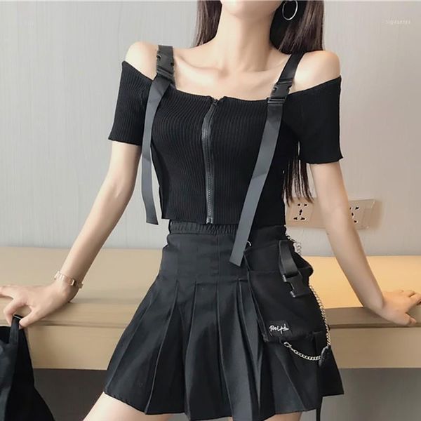 

women short section knit sling female crop t shirt female slim slash neck t-shirt1, White