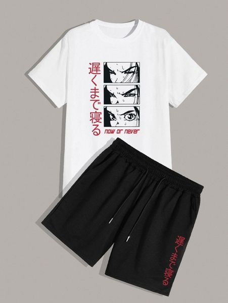 

romwe guys letter cartoon figure graphic tee & drawstring shorts f01r#, Gray