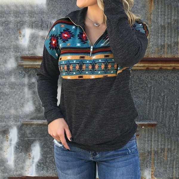 

autumn winter women's hoodie geometric print long sleeved shirt zipper pullover turn-down collar oversize sweatshirt women 201126, Black