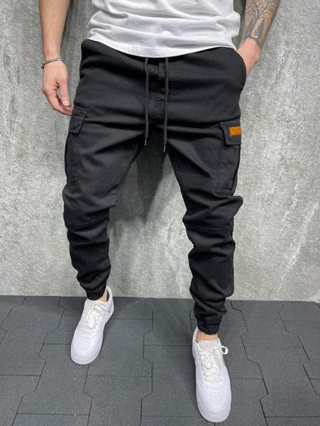 

men letter patched flap pocket drawstring pants 646w#, Black