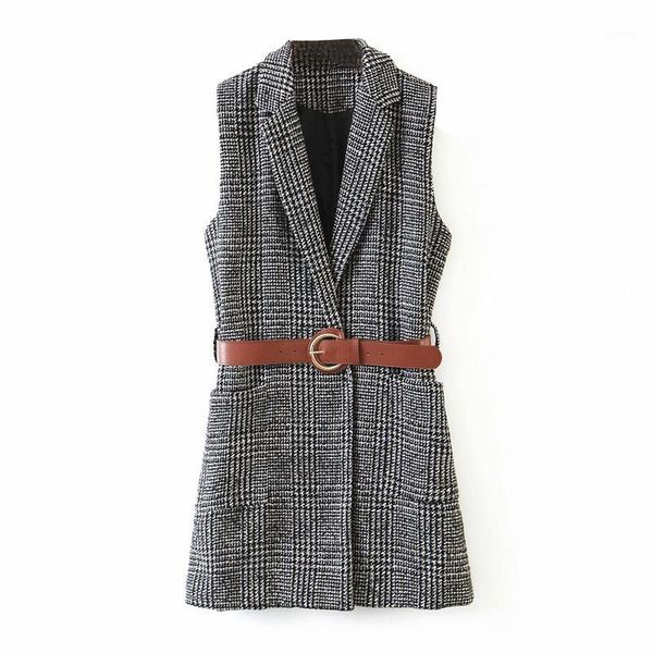 

kumsvag 2020 autumn women plaid vest jackets coats sleeveless belt pockets casual vest waistcoat female knitting outerwear1, Black;white