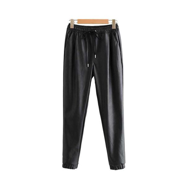 

women's pants & capris vintage stylish pu leather pockets women 2021 fashion elastic waist drawstring tie ankle trousers pantalones muj, Black;white