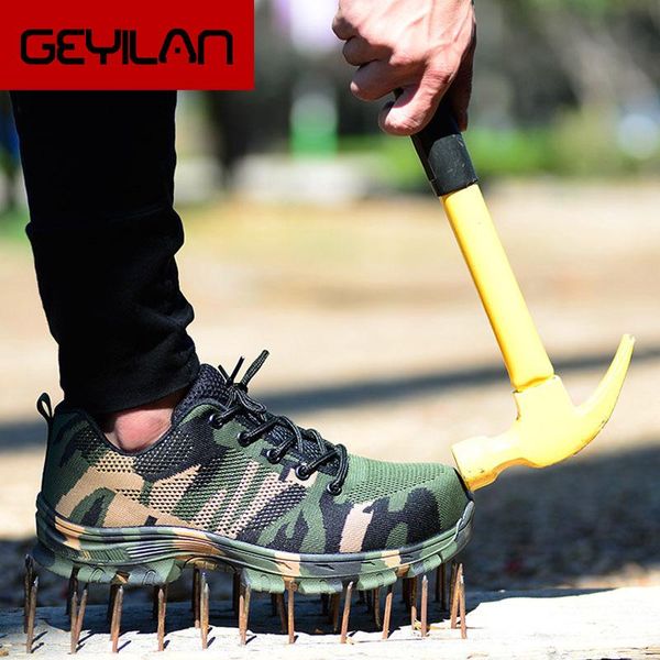 

new camouflage men shoes steel toe shoes work safety boot breathable anti-smashing piercing work boots safety men sneakers, Black