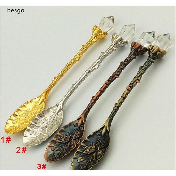 

vintage royal style spoon metal carved coffee spoons forks with crystal head kitchen fruit prikkers dessert ice cream scoop gift bh3084 8oi