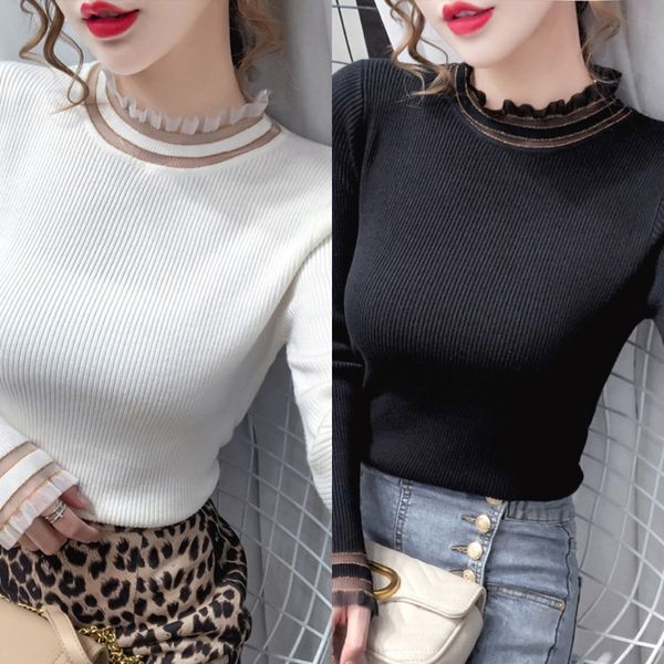 

ppxzp нежный ветер голубой футболки топ lacelace lacesleeve длинные женщин осень 2020 новый половина высокой шеи сращивания кружево 1lmqf то, White;black